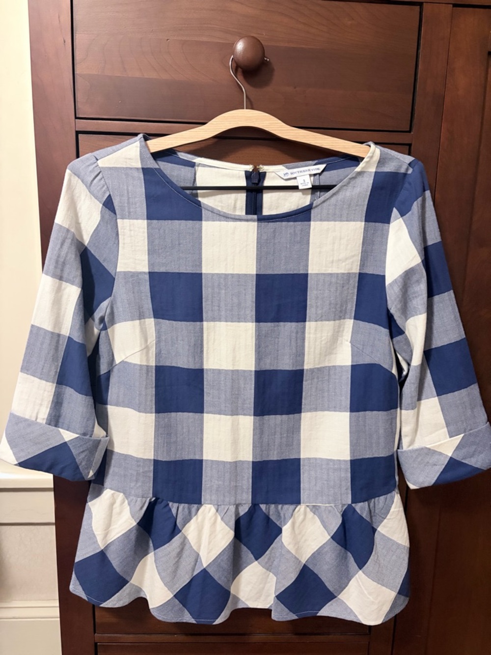 Southern Tide Navy and White Gingham Blouse